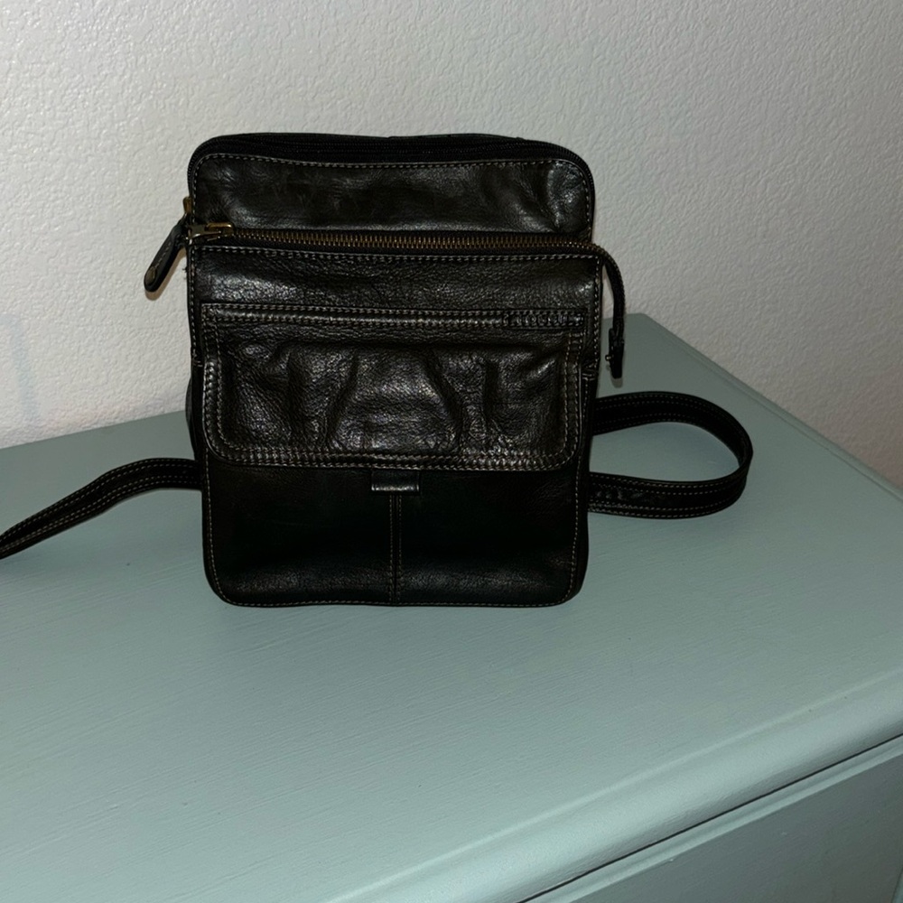 Vintage Fossil Black Pebble Leather Organizer Crossbody Bag